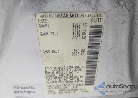 2018 Nissan Altima 2.5 Sr from USA, damaged, VIN 1N4AL3AP0JC235383